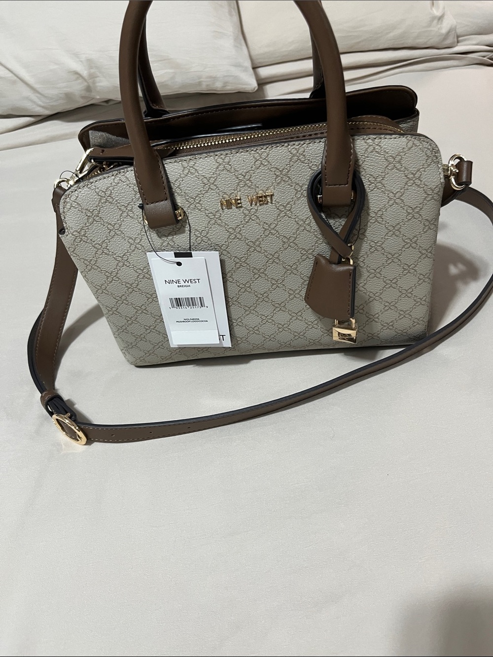 Nine West Beige Monogram Satchel with Brown Trim and Gold Accents